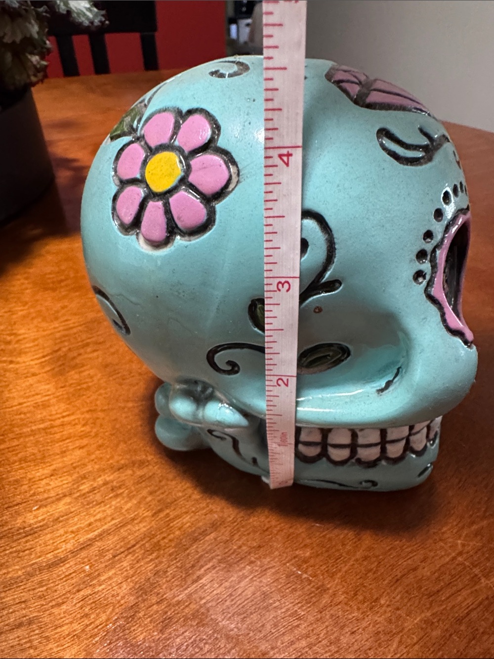 Turquoise Day of the Dead Decorative Skull with Pink Flower